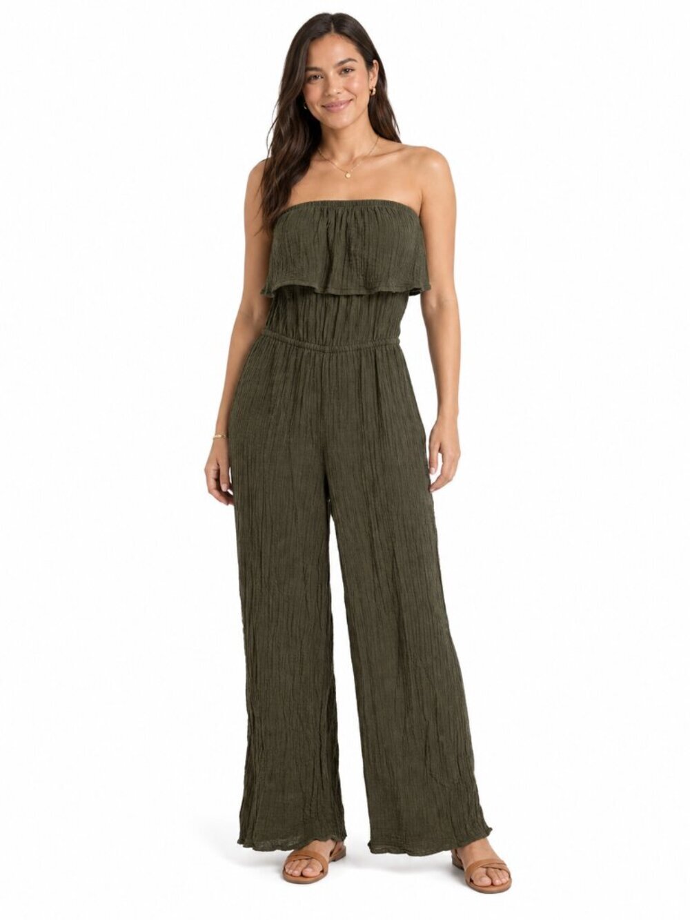Michael Stars Riya Strapless Jumpsuit Olive Green Crinkle Gauze XS